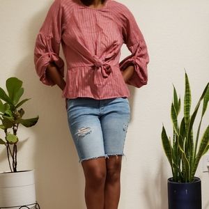 Red tie front cotton shirt with adjustable sleeves, Large